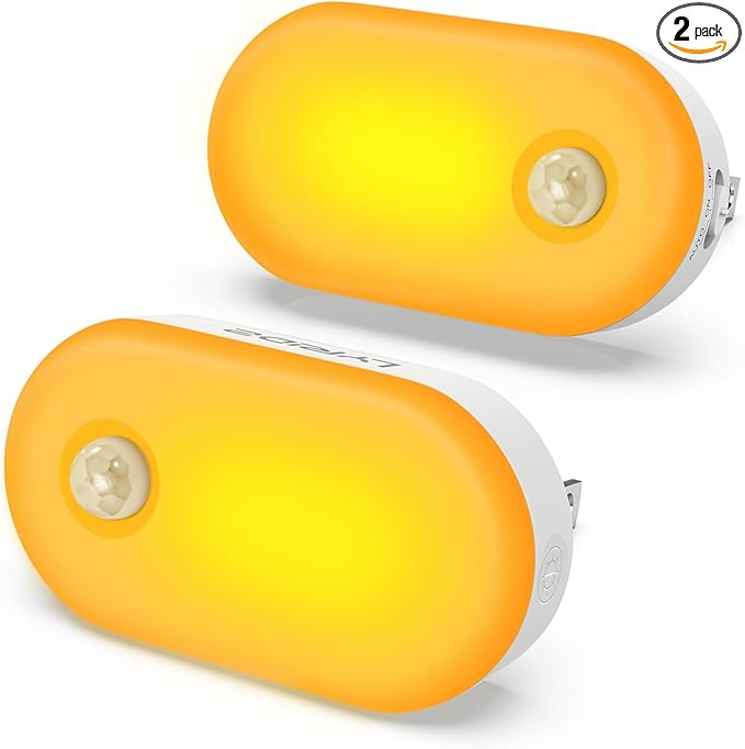 Lyridz 120LM Ultra Bright Plug-in Motion Sensor Night Light, Stepless Dimmable LED Nightlight, Always-On and Auto-Off, for Hallway, Stairs, Bathroom, Bedroom, Garage, Amber (2-Pack)