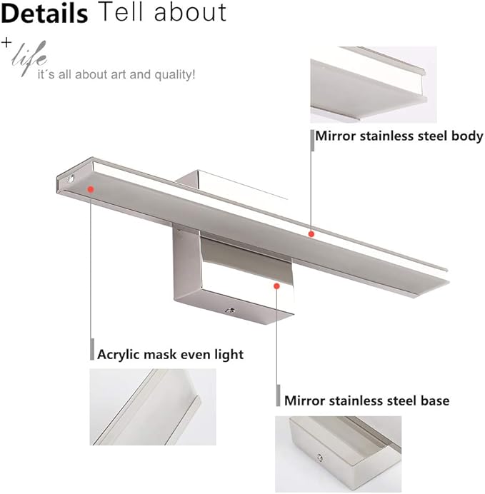 Modern Bathroom Light Fixtures 16 Inch led Vanity Lighting Bar 9W Linear Vanity Lamps for Bathroom Chrome Mirror Light Fixture Bath Wall Sconces Light 6000K