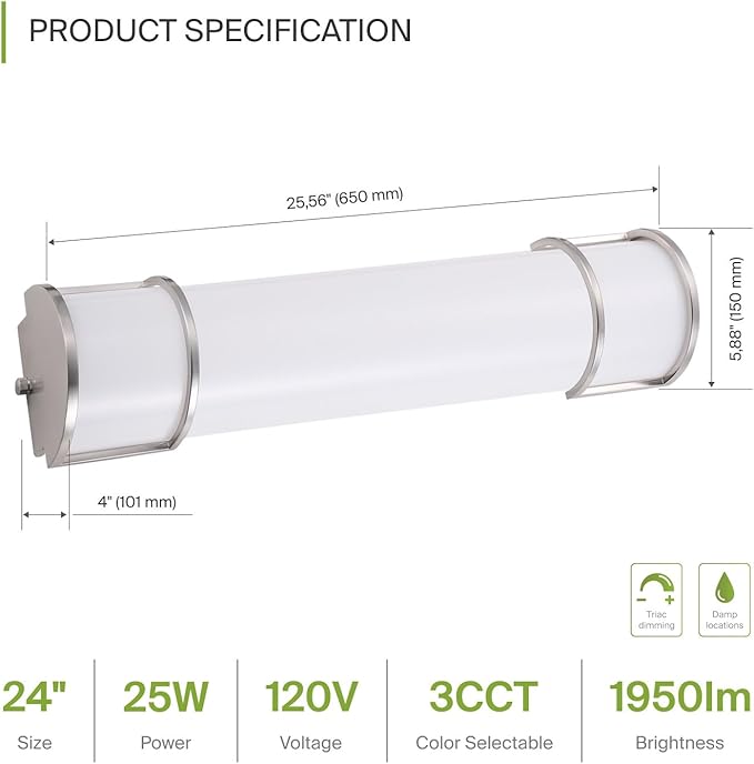 ASD LED 24" Vanity Flush Mount Light Fixture, Linear Bathroom Lighting Bar | 3CCT, Dimmable, Energy Star, ETL Listed | 25W 1950LM 3000-5000K 120V | Long Bath Wall Sconce Over Mirror | Nickel, 2 Pack