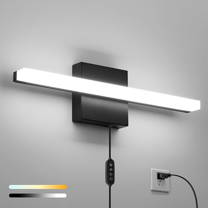 Combuh Black Plug in Vanity Light Bar Corded for Bathroom Lighting Fixture No Wiring, 16Inch 5 Colors Adjustable Dimmable Modern Bright Daylight Mirror Lamp for Wall Dressing Room Makeup(with Plug)