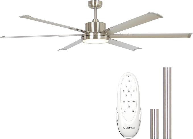 Industrial Ceiling Fans with Lights and Remote, 65 Inch Large Ceiling Fan for Living Room Bedroom, Outdoor Ceiling Fans for Patios, DC Motor Reversible 6 Blades, Ventilador de Techo, Brushed Nickel