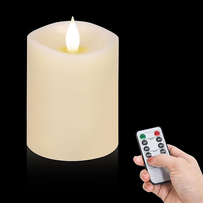 3x4 Flickering Flameless Candles Set of 1,Real Wax Pillar LED Candles with Battery,with Timer,4 inch Flameless Candles with Remote,for Christmas/Halloween/Party/Wedding,Ivory