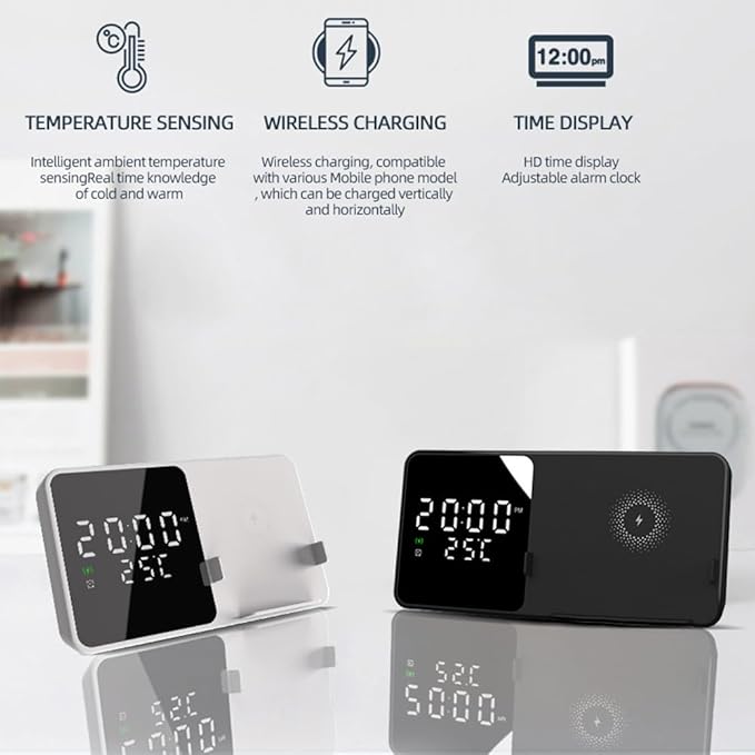 IHAO Multifunctional Alarm Clock with Wireless Charging for Phone 15W Fast Charger Large LED Display Temperature Phone Bracket for Bedside & Desk-W5 White