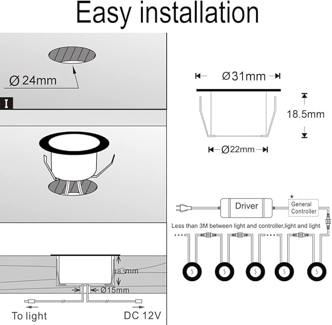 Sumaote 50pc LED Deck Lights Kit, Smart RGBW Φ1.22 Low Voltage Recessed Lighting IP67 Waterproof In-ground Landscape Lights for Steps, Wedge, Deck, Patio - Black Shell