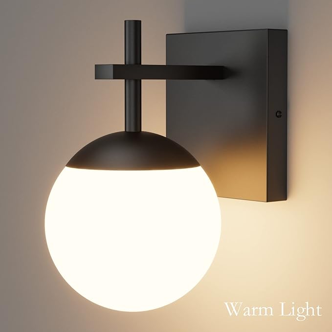 Ralbay Matte Black Wall Sconce, Mid Century Modern Black Wall Light Fixtures Milky Glass Indoor Wall Lamp for Home Decor Bathroom Kitchen Living Room Vanity Hallway, Black 1 Light (Exclude Bulb)