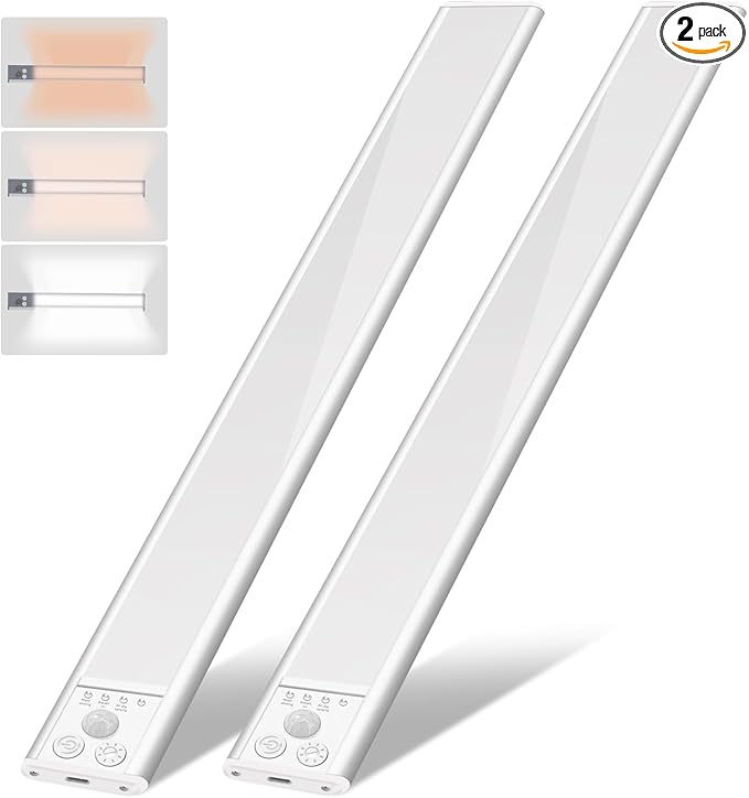 Under Cabinet Lighting Wireless, 60-LED Dimmable Motion Sensor Light Indoor, 12 inch 2000mAh Rechargeable Cabinet Lights, 3 Color Under Counter Lights for Kitchen (2 Packs)