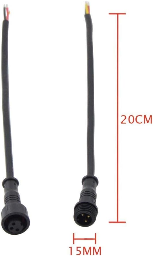 5Pairs 3 Core 3pin Black Pigtail Plastics Waterproof IP65 LED Connector Male Female 40cm/Pair Applicable 0.3mm² 15mm Nut for LED Lights