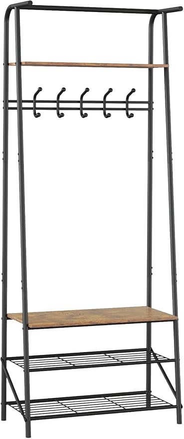 Hall Tree, Entryway Hall Tree with Shoe Rack, Coat Rack with Shoe Rack and Hooks, 25” Freestanding Metal Entryway Organizer with 4-Tier Storage Shelves for Hallway, Bathroom, Small Spaces