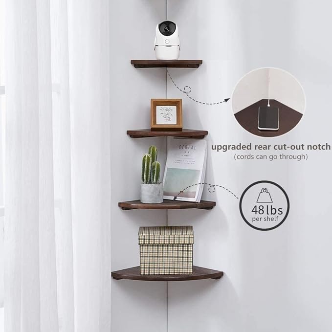 Corner Shelves, Floating Corner Shelf, Set of 3 Solid Oak Wood Corner Wall Shelves, Round End with Wire Hole Shelving for Small Plant for Bedroom Kitchen, Living Room (Size 9/10/12in)