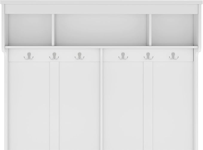 Modern Entryway 3-Tier Hall Tree, Coat Rack with Shoe Storage, Bench Seat, 6 Metal Hooks and Open Shelves, for Organized Homes (White)