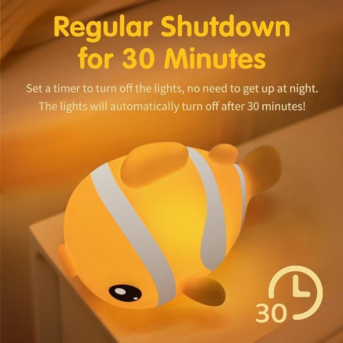 Cute Clownfish Night Light, Rechargeable LED Dimmable Silicone Lamp, Touch Control Novelty Bedside Light for Bedroom, Desk and Room Decor
