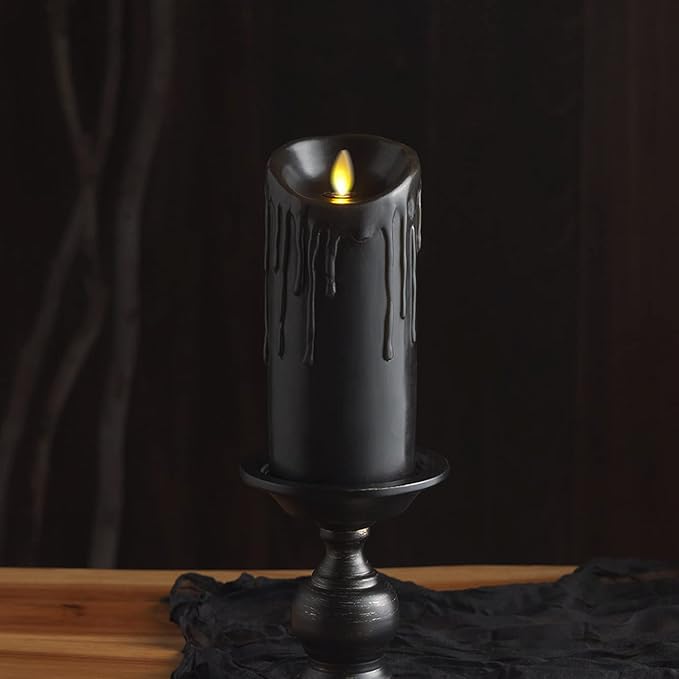 Luminara Black Wax Drip Flameless Candle LED Battery Operated Moving Flame Lights Pillar Unscented Real Wax with Dripped Edge, Timer (3 x 6.5 inch)