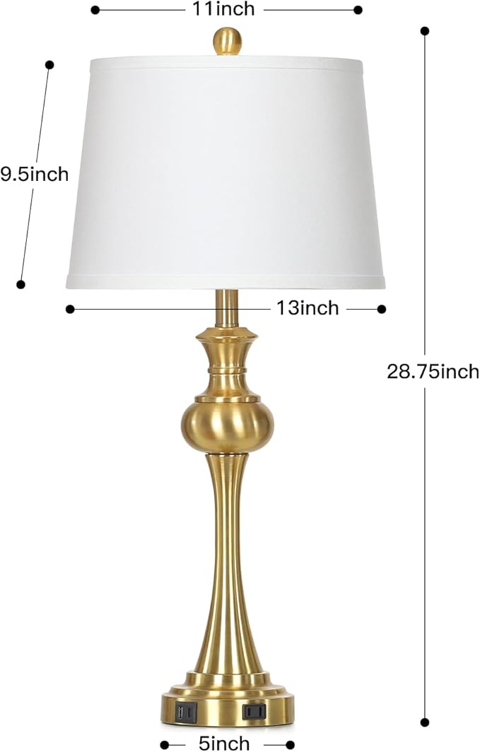 28.75'' Gold Table Lamps for Living Room, 3 Way Touch Control Bedside Lamps with USB A+C Ports & AC Outlets, Modern Metal Nightstand Lamps for Bedroom Living Room Office End Table（Bulb Included）