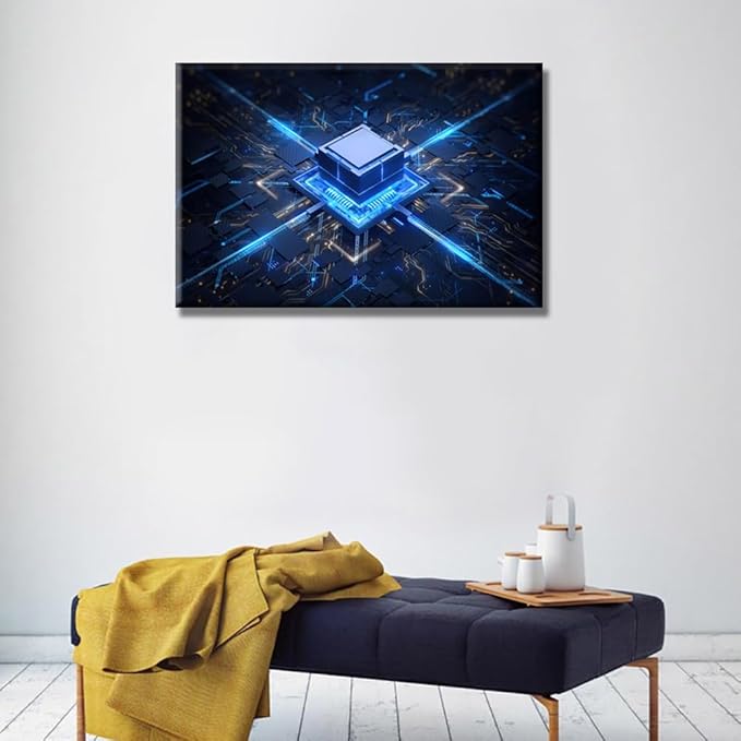 LSIUHWUWI Wall Painting CPU Concept House Decoration for Living Room Motherboard Digital Chip Canvas Wall Art Digital Age Wall Decor for Living Room Framed Ready to Hang 16X24 INCH
