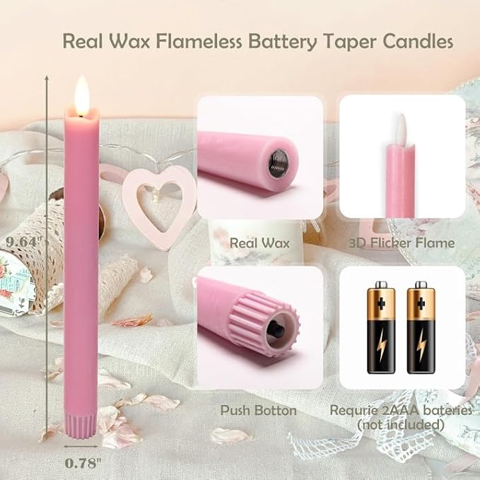Pink Flameless Taper Candles with Remote, Real Wax Battery Operated LED Candles with 3D Flickering Flame, 9.6" Realistic Dripless Candlesticks for Valentine's Day Decor, Proposal Wedding, 3 Pack
