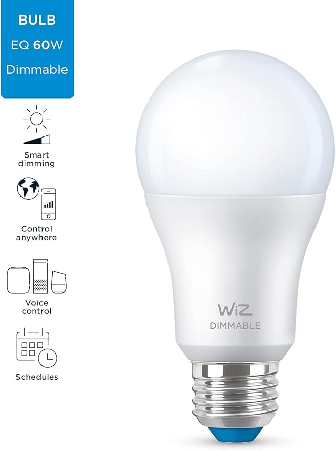 WiZ 60W A19 Dimmable Daylight (5000K) LED Smart Bulb - Pack of 2 - 800 Lumen - E26 - Indoor - Connects to Your Existing Wi-Fi - Control with Voice or App - Activate with Motion - Matter Compatible