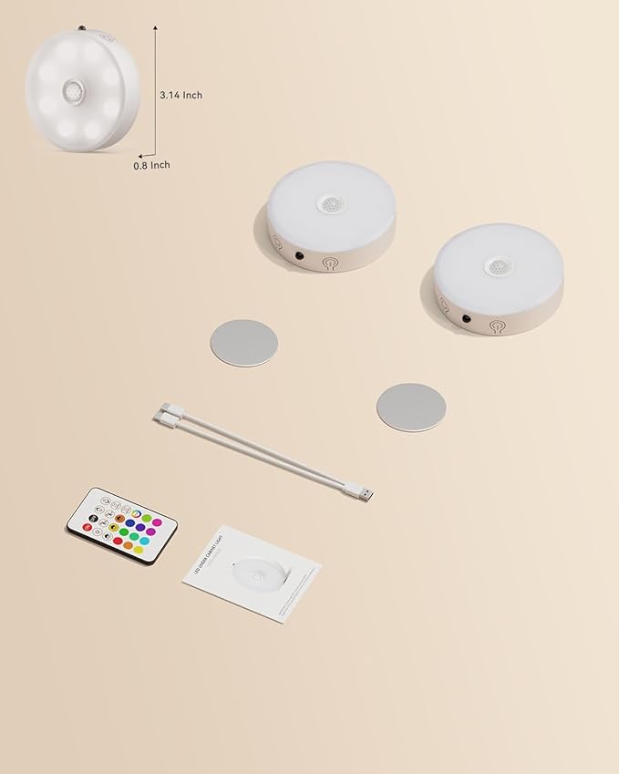 Puck Lights with Remote, Rechargeable Under Cabinet Lighting, 3 Color Temps, 12 RGB Color LED Motion Sensor Lights Wireless, Dimmable Tap Lights for Closet, Kitchen, Shelf, Stair, 2 Pack