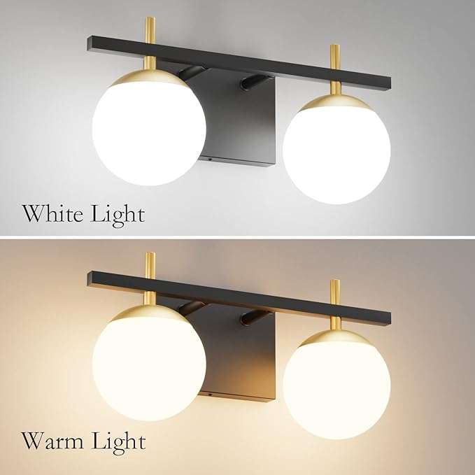 Ralbay 2-Light Black and Gold Bathroom Vanity Light Mid Century Modern Milky Glass Ball Wall Light for Bathroom 2 Light Black/Golden