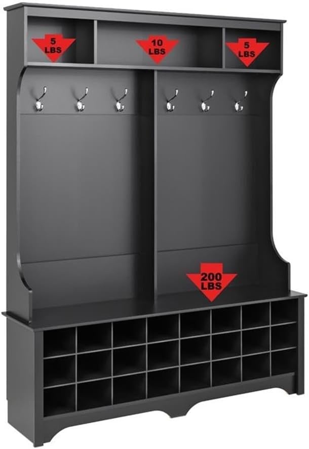 Prepac Black Hall Tree, Shoe Cabinet, Storage Cabinet with 24 Shoe Cubbies and 6 Double Coat Hooks 15.5" D x 60" W x 77" H