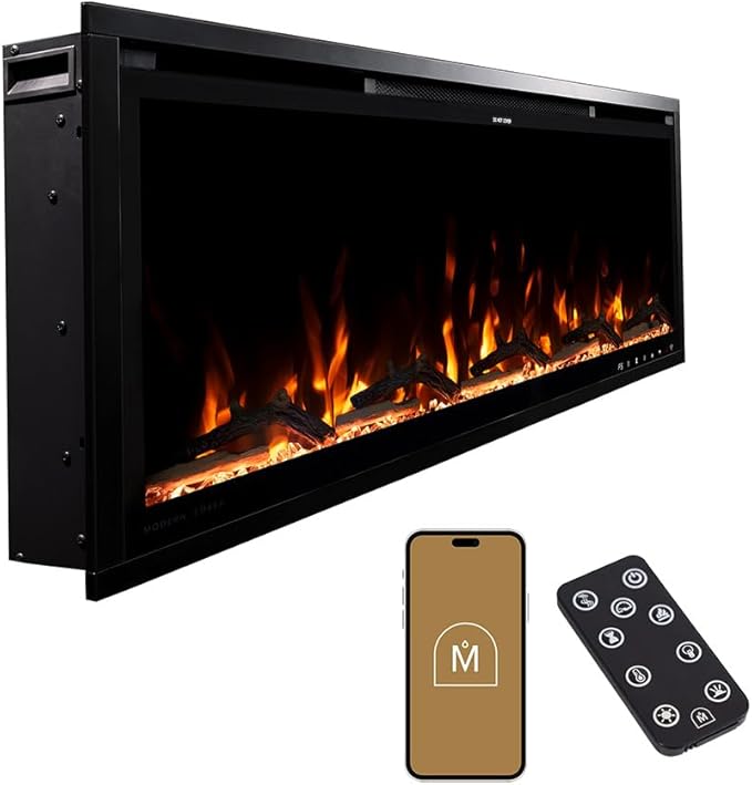 Modern Ember Aerus Slim 42 Inch Smart Linear Electric Fireplace | Recessed in-Wall or Wall-Mount | LED Multiple Flame Colors | Alexa/WiFi Enabled | 4.25” Profile | Remote Included