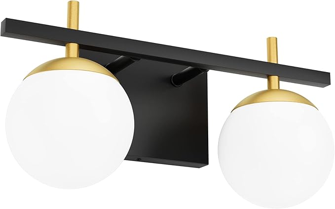 Ralbay 2-Light Black and Gold Bathroom Vanity Light Mid Century Modern Milky Glass Ball Wall Light for Bathroom 2 Light Black/Golden