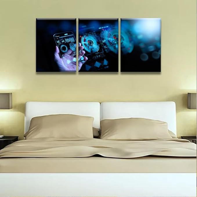 Multi Panel Large Wall Art Wireless Mobile Internet Technology 5G LTE Data Connection Pictures Print On Canvas for Living Room Decoration, Wooden Framed Ready to Hang, 12x16inchx3