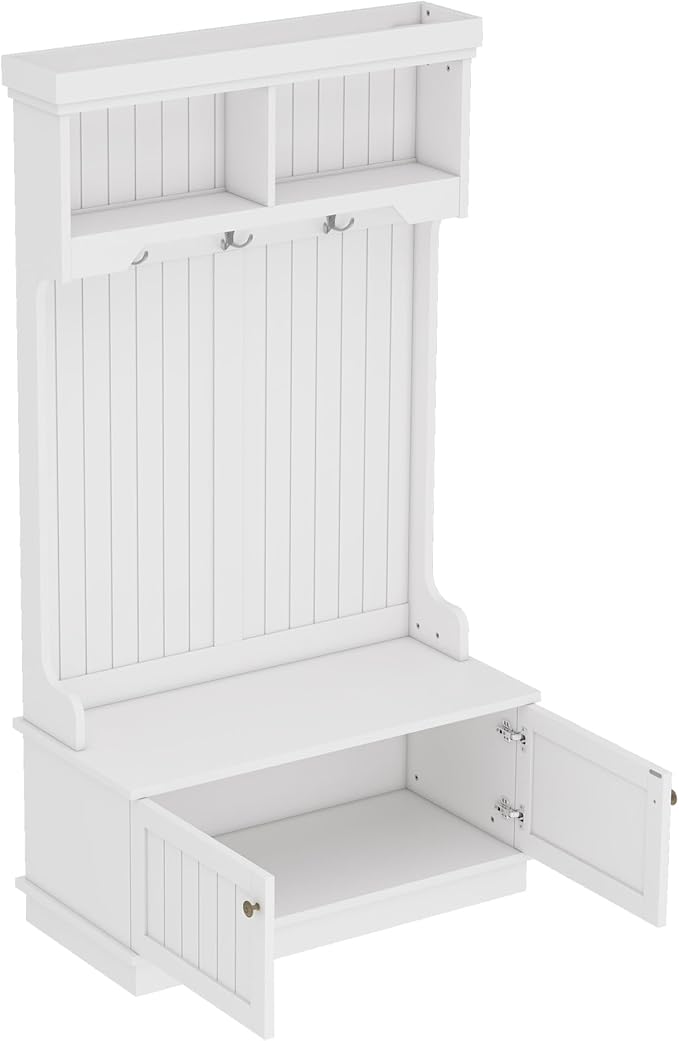 Modern Hall Tree with Storage Shoe Bench, 4-in-1 Design Coat Racks with Shoe Bench and Hooks, Multifunctional Hall Tree for Living Room, Entryway and Hallway (White/44f)