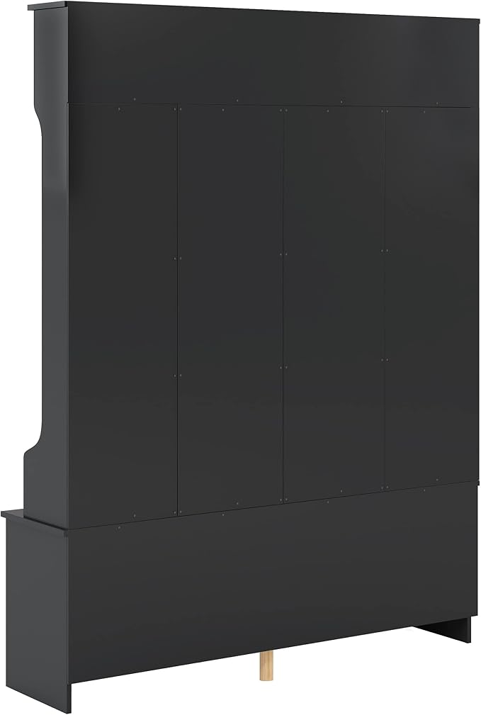 Wide Hallway Coat Rack Hall Tree with Shoe Storage Rack, 24 Cubes 6 Hooks and 3 Top Shelves, Large Storage Bench for Entrance, Enterway (Black)