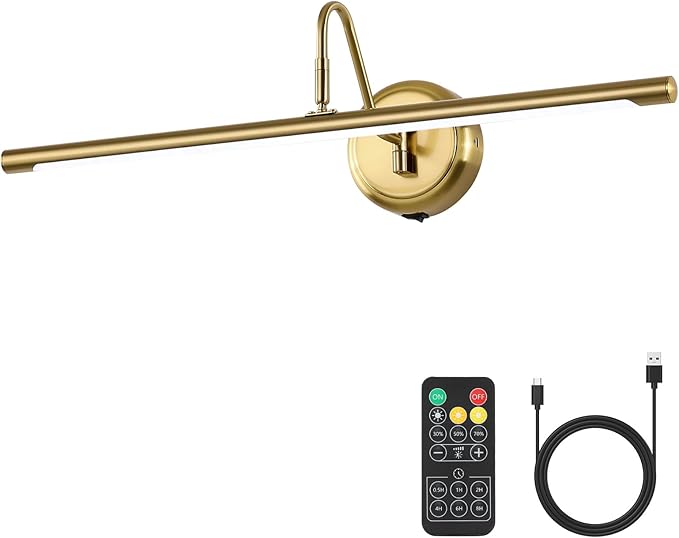 JOOSENLUX Battery Operated Picture Lights Modern Wireless Wall Lights 24.4" Inch Dimmable Under Counter Lights for Kitchen with Swing Arm as Canvas Wall Sconce Light Brass 3000K CRI95+