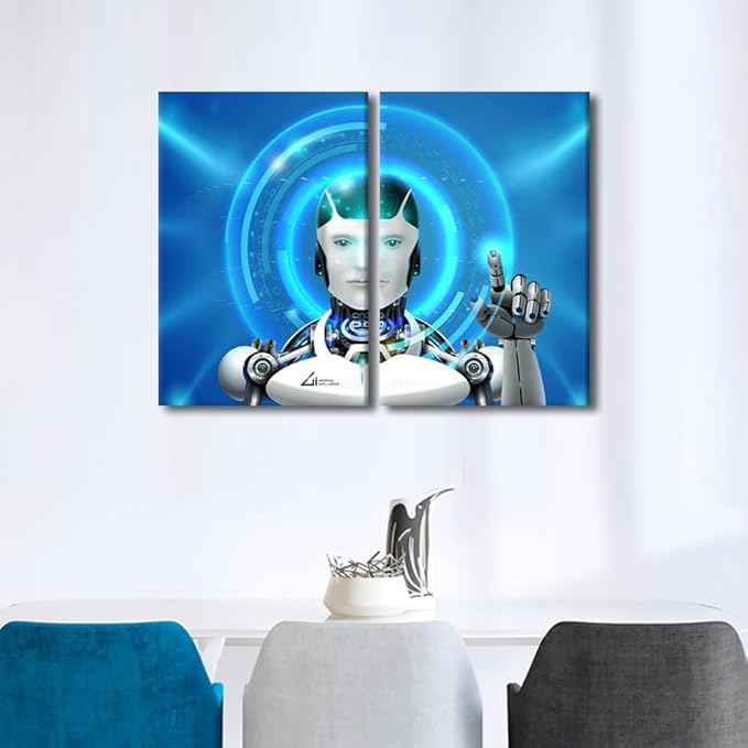 TUMOVO 3 Pieces Canvas Wall Art Robot Prints Artwork Wall Decor AI Intelligence Picture for Bedroom Living Room Giclee Paintings Posters Framed Ready to Hang Prints, 24" Wx16 H