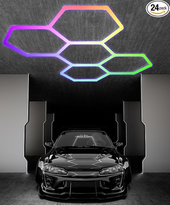 LED ENERGY PLUS RGB 5 Pack Hexagon, 24 Pack Tube Lights, RGB Garage LED Tube Light, 358 Color Modes, Remote Control & Smart App Control, IP54 LED Ceiling Lights for Gaming Room, Gym, Party, Bar