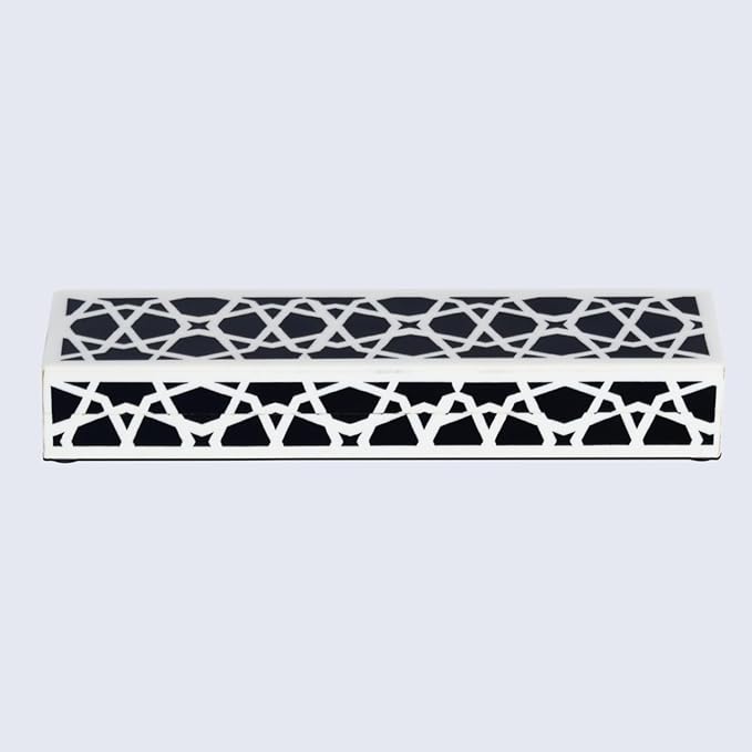 Handicrafts Home Decorative Storage Box with Lid, Black and White Moroccan Zellij Pattern Remote Holder, Slim Coffee Table Box, Geometric Lattice Box for Shelf & Desk Decor, Zellij 10 x 2.5 x 1.5