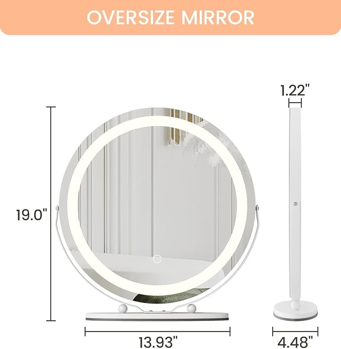 IDEALHOUSE 19 inch Makeup Mirror with Lights, Vanity Mirror with Smart Touch Control 3 Colors Dimmable Lights, 360°Rotation White Vanity Mirror for Bedroom, Tabletop and Desk Mirror
