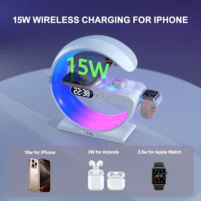 RYND 2026 Magnetic 5 in 1 Speaker Alarm Clock with Wireless Charger, Bedside Lamp with Adjustable Night Light, Gift for Family/Friends(White)