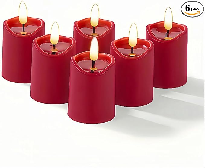 Simplelight Red Flameless Votive Candles with Timer, Realistic Black Wick Valentine’s Day Candles Battery Operated, Battery Included, D 1.8” X H 3.1”, Set of 6 for Wedding, Christmas Decoration (Red)