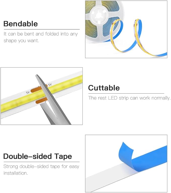 5V USB LED Light Strip, COB LED Strip Lights, Ice Blue 5V LED Lights, Small LED Strip Light, TV Lights for TV Under Cabinet Kitchen Living Room Shelving or Displays (Ice Blue, 3.28ft)