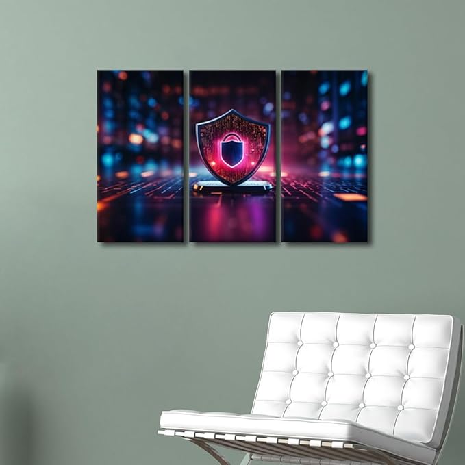 TUMOVO Modern Wall Art 3 Panel Internet Network Security Pictures Print on Canvas for Wall Art Decoration, Cyber Security and Data Protection Artwork Wooden Framed Ready to Hang, 36" Wx24 H
