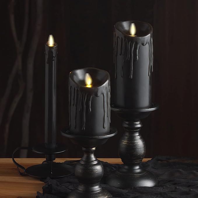 Luminara Wax Drip Flameless LED Candle, Black 3" x 4.5", Timer Function, Real Wax Pillar, Battery Operated Unscented Safe, Long-Lasting