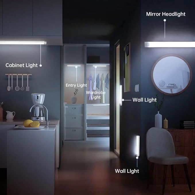 2025 Upgraded Punch-Free Smart Sensor Magnetic Rechargeable LED Lights, Rechargeable Motion Sensor Light, Wireless Motion Sensor Indoor Lights, Stick On Lights for Kitchen/Stairs (4PC-White, 7.8in)