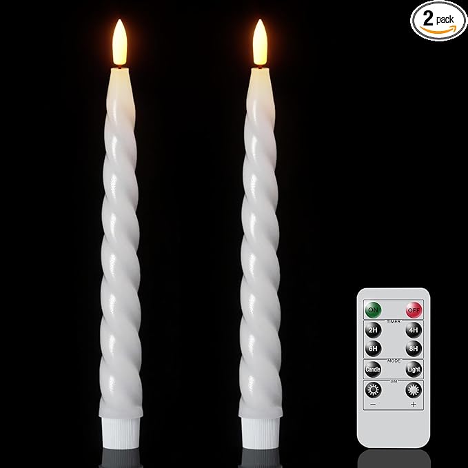 Wondise Flameless Taper Candles with Remote Timer, Real Waxy Battery Operated Candlesticks 3D Wick LED Candles for Halloween Christmas Holiday Wedding Decoration (2 Pack, White