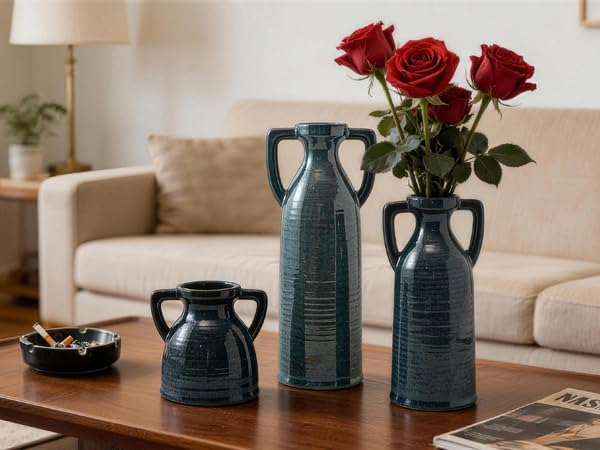 Ceramic Vase Set of 3 - Rustic Vases Set for Flower Centerpieces Pampas Grass - 3 Blue Bud Vase for Decor - Modern Decoration Terracotta Vases for Home Farmhouse Table Office, Mini Pottery Vase