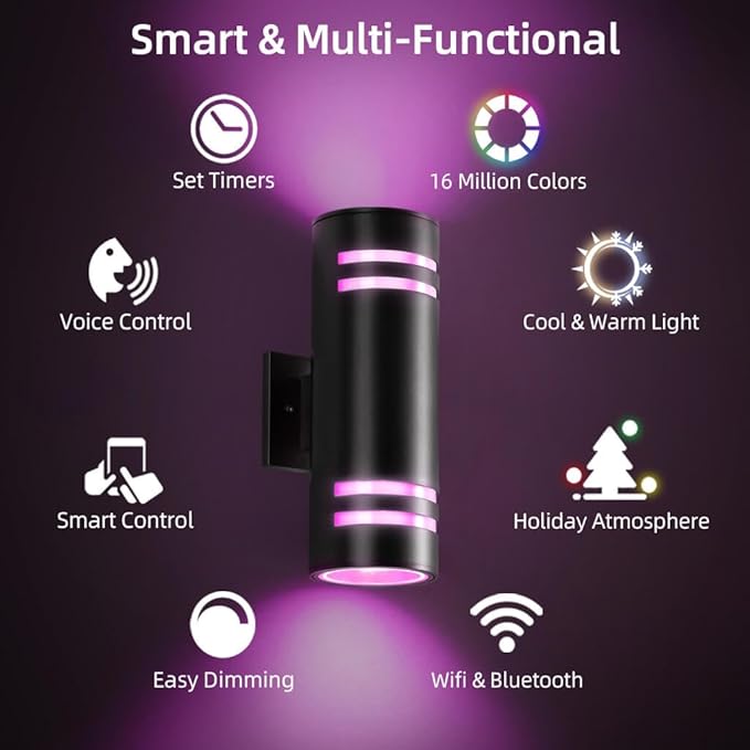 Smart Porch Lights Color Changing, RGB Outdoor Wall Lights with Remote Control Ambiance Up and Down Lights, Black Exterior Light Fixture Home Theater Lighting Compatible with Alexa Google Assistant