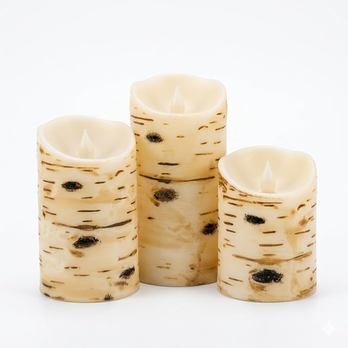 Comenzar Flameless Candles Birch Bark Texture, Flickering Flame Battery Operated LED Candles, Electric Plastic Candles with Remote Timer for Home Decor, Rustic Wedding Centerpiece, Gift Set of 3