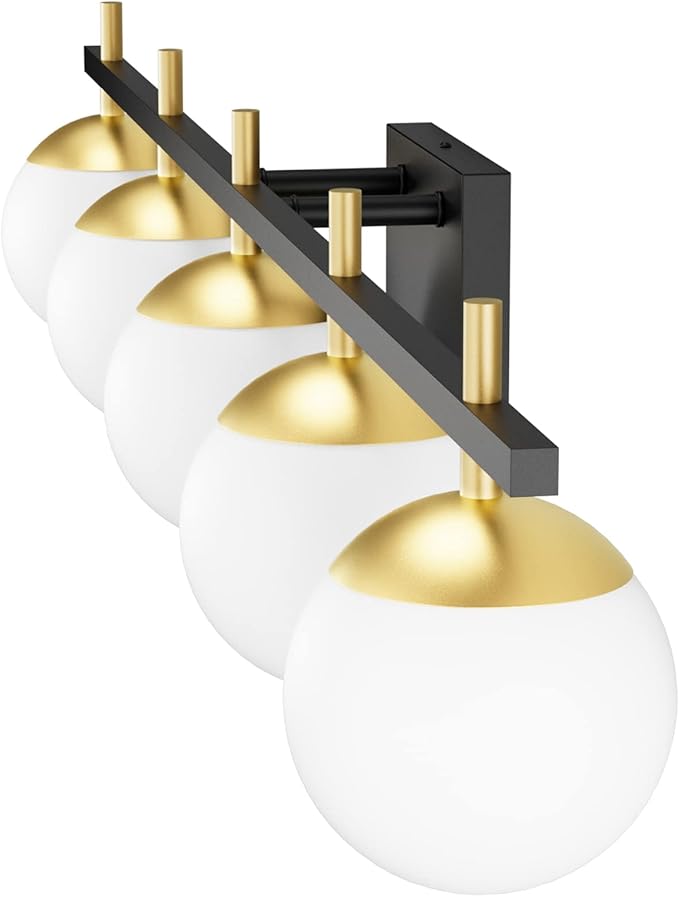 Ralbay Mid Century Modern Bathroom Vanity Light Fixture 5 Light Milky Glass Globe Modern Bathroom Light Fixture Over Mirror, Black/Golden 5 Light