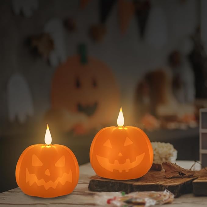 Rechargeable Flameless Candle, Flameless Pumpkin Candle with Timer Remote,LED Real Wax Pumpkin Lamp,Room Bedroom Table Decor, 1 Set of 2