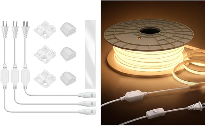 120V Led Rope Lights Outdoor Waterproof 150FT 3000K Flexible COB Led Strip Lights+ LED Strip Connectors Kit for Single Color AC 110V-130V 6.5 * 11mm COB LED Rope Lights Includes 3 Power Cords