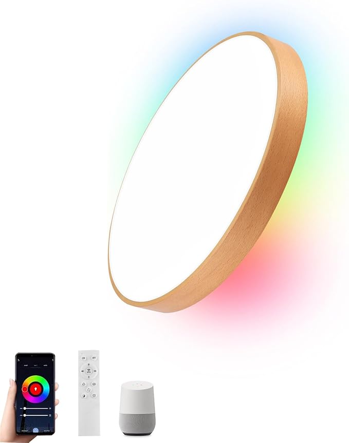 HOREVO Smart Flush Mount Ceiling Light with Remote - Alexa/Google Home Compatible, Dimmable RGB Color Changing (2700K-6000K), 12" Modern Minimalist wood ceiling light for Bedroom/Living Room/Kids Room