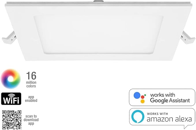 Maxxima Luvoni 6 in. Smart WiFi Slim Square LED Downlight - CCT 2700K-6500K, 900 Lumens, 12 Watt Dimmable Flat Panel Light Fixture, J-Box Included