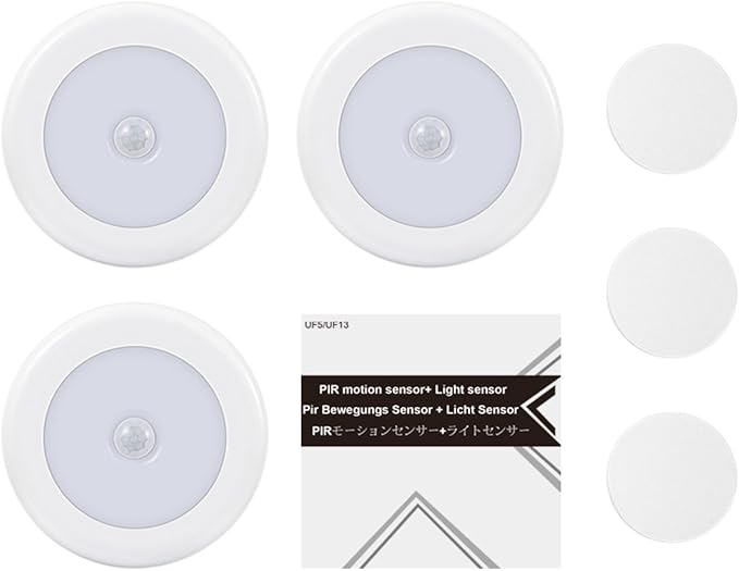 AMIR Upgraded 3.15” Motion Sensor Light Indoor, Cordless Battery Powered Stick on LED Night Lights for Closet, Stair, Under Cabinet, Hallway, Kitchen (Warm White - Pack of 3)