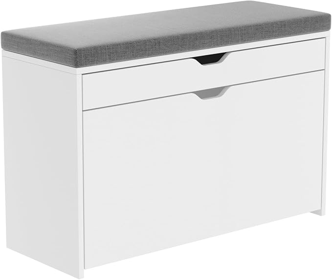 VOWNER Shoe Storage Bench with 3-Tier Flip Drawer, Shoe Rack Bench with Adjustable Shelves & Hidden Storage Space, Shoe Organizer for Entryway, Hallway, Living Room, White